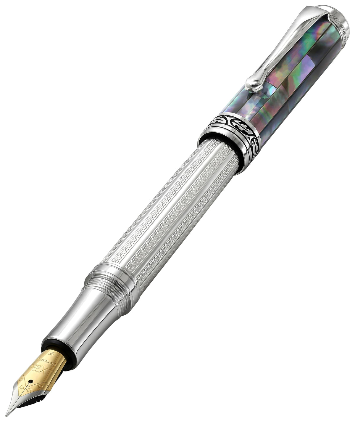 Xezo Maestro Fountain Pen, Fine Nib. Solid 925 Sterling Silver with Black Mother of Pearl. Platinum Plated Parts. Handcrafted, Limited Edition, Serialized
