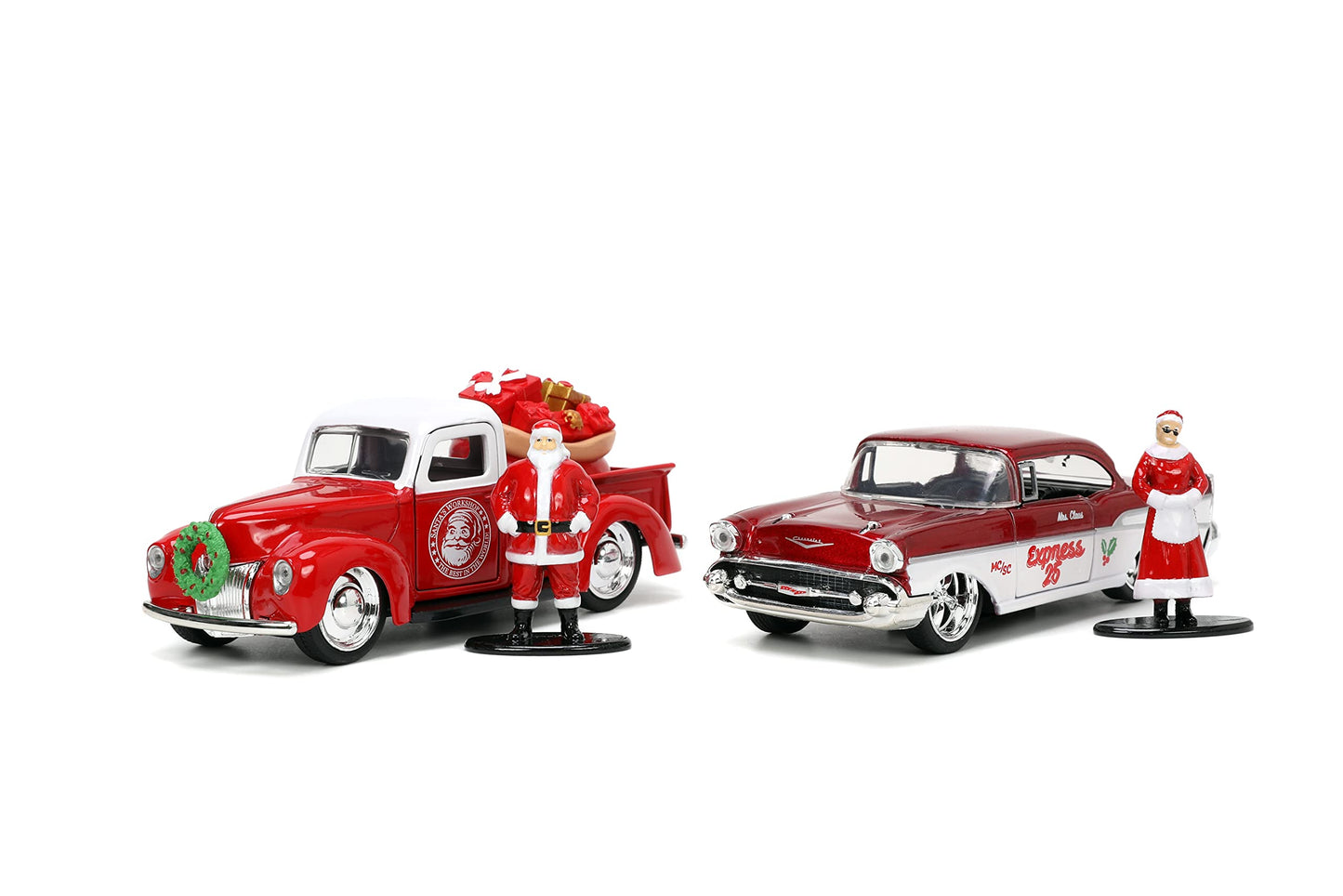 Jada Toys Holiday Rides 1:32 1941 Ford Pickup & 1957 Chevy Bel-Air Die-cast Car with 1.65” Santa Claus & Mrs. Santa Claus Figure, Toys for Kids and Adults