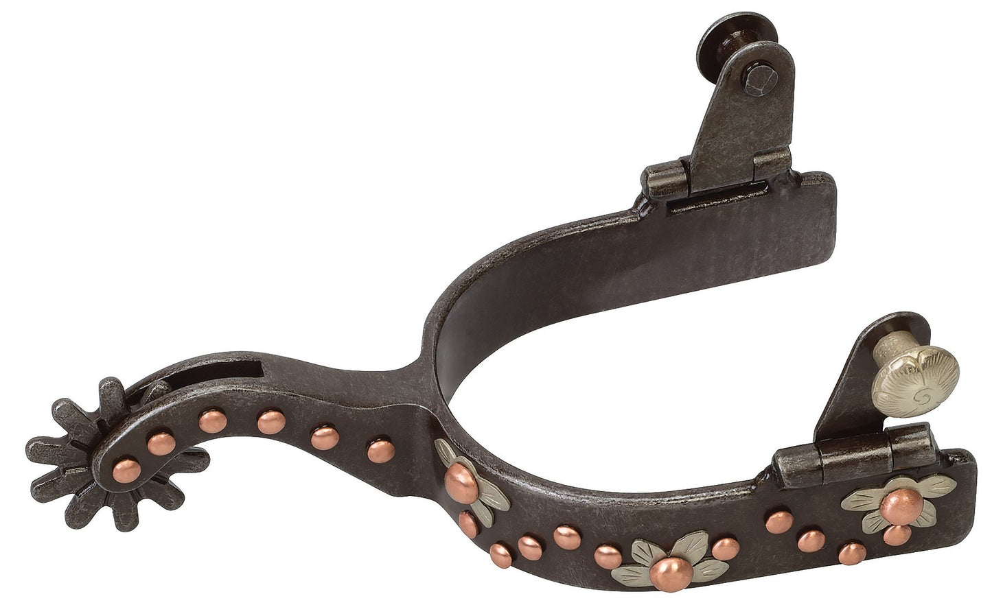Weaver Leather Ladies' Spur with German Silver Floral Trim and Copper Dots, Buffed Brown