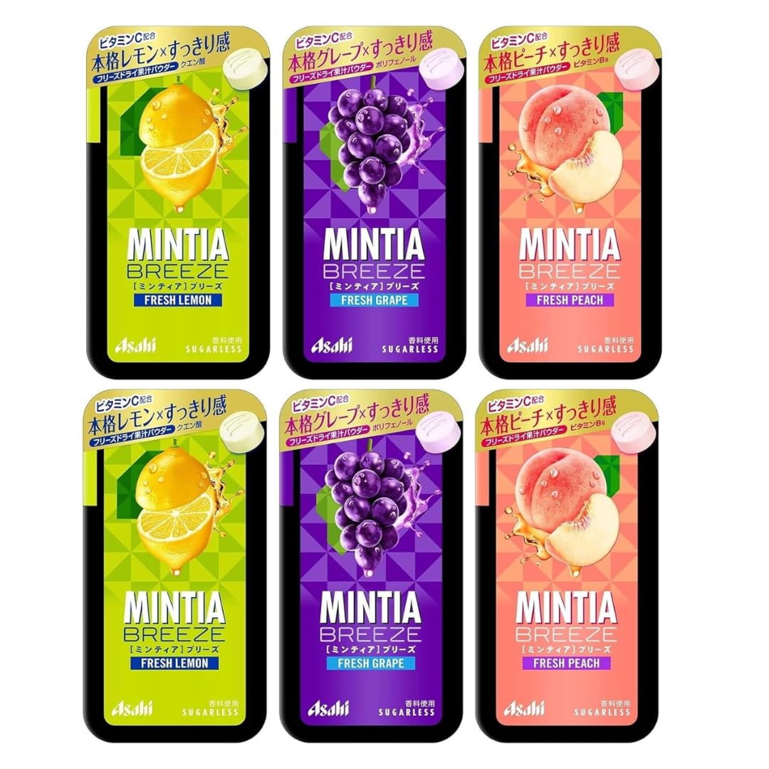 MINTIA Breeze Large Size Mints Tablets � 6 Pack, 30 Tablets Each Japan Import (Refresh Peach, Lemon and Grape Set)