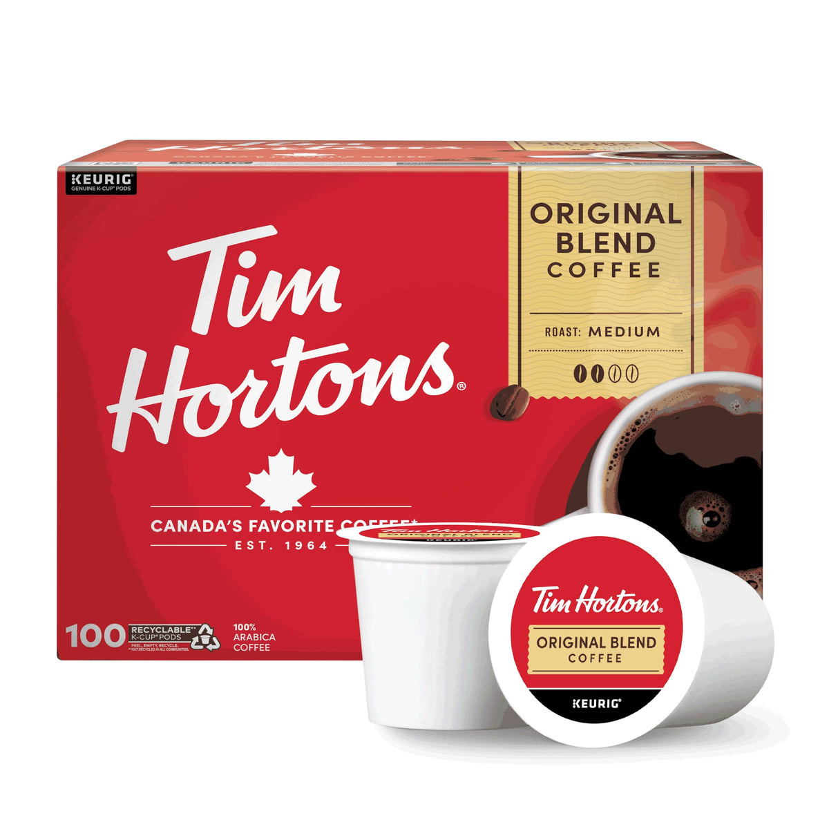 Tim Hortons Original Blend, Medium Roast Coffee, Single-Serve K-Cup Pods Compatible with Keurig Brewers, 100ct K-Cups