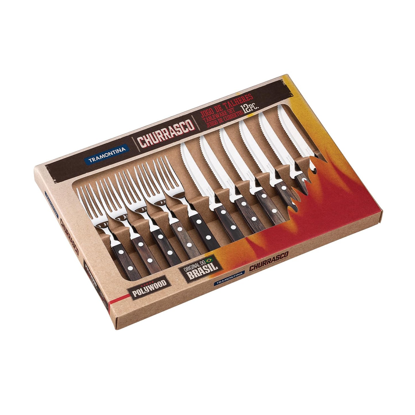 Tramontina Polywood Heavy Duty Natural Wood Handle Steak Knives 8.3" & Table Fork 19cm Set of 8 Dishwasher Safe 3 Heat Treated Knives Dark Brown Boxed Dishwasher Safe Shock Resistant Lightweight Made in Brazil 29899/296 TRAMONTINA