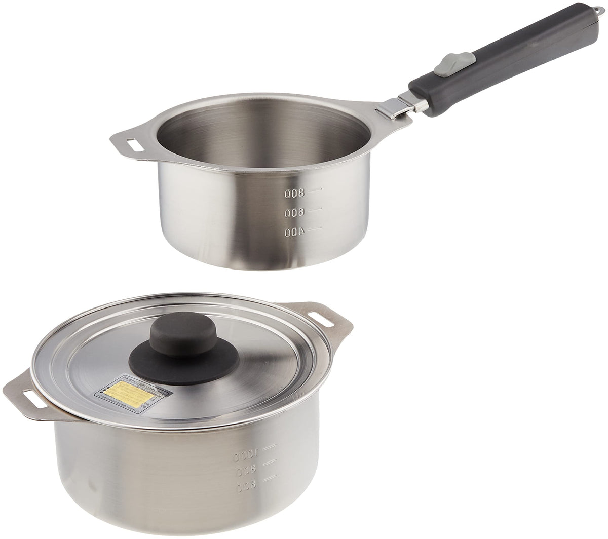 Wahei Freiz Tsubamesanjo EM-028 Removable Handle Pot, Set of 2, 5.5 inches (14 cm), 6.3 inches (16 cm), Stainless Steel, Induction Compatible