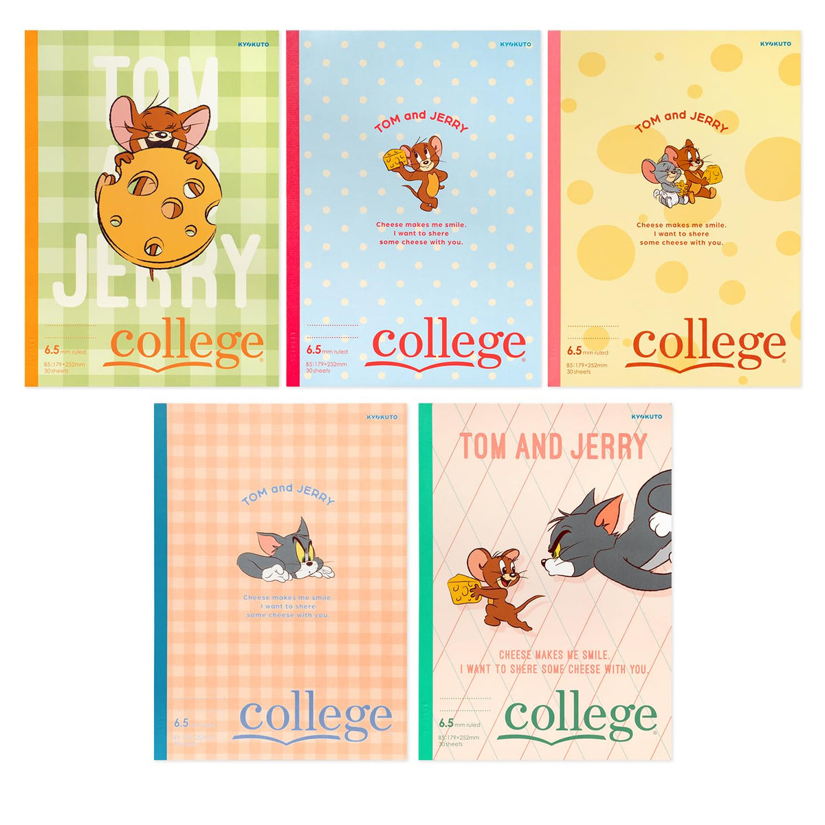 Kyokuto Bunch Notes, Tom and Jerry, Cheese Party, Semi B5, 5 Books, 6.5mm Rule, Assorted U18905
