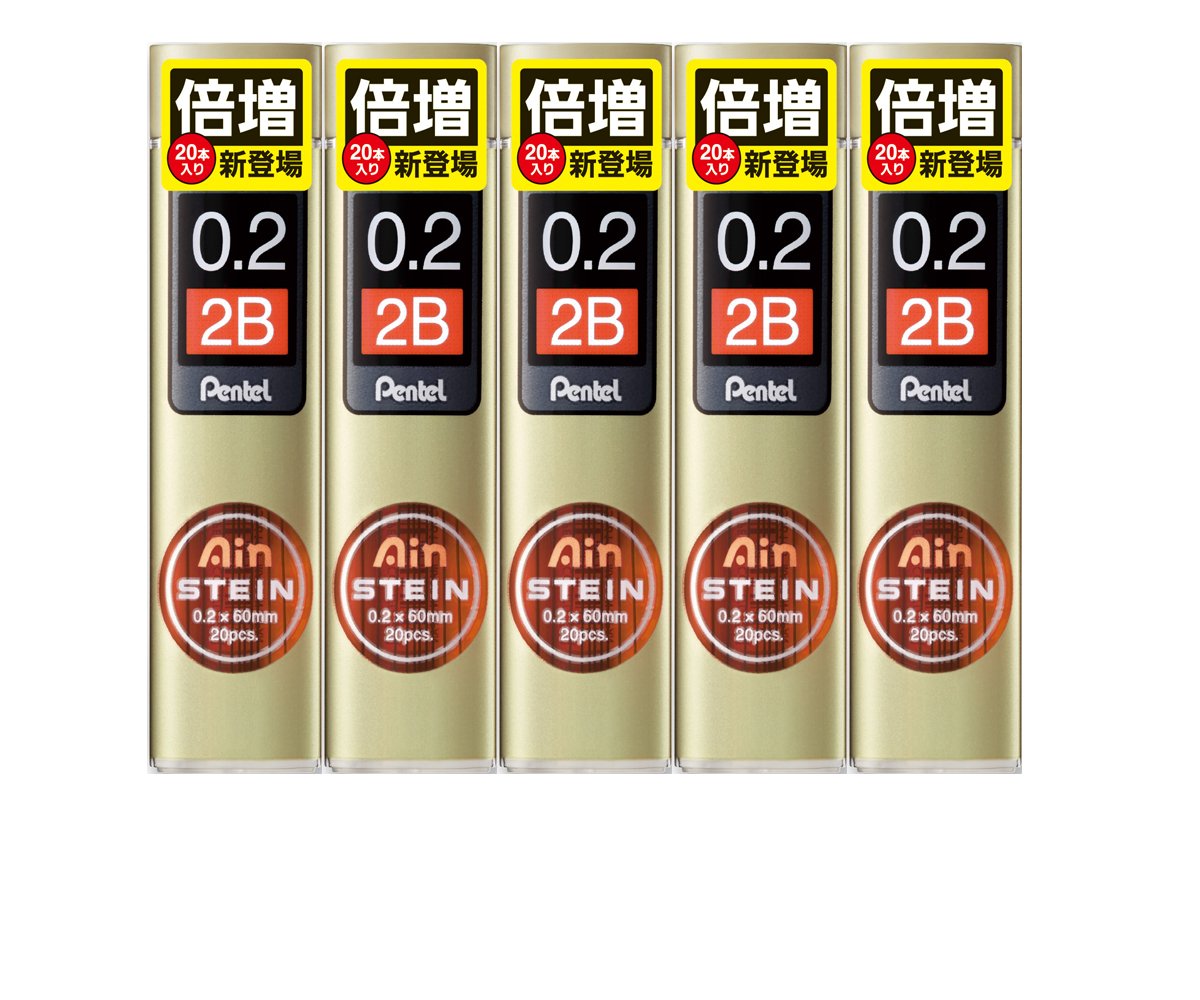 Pentel Ain Mechanical Pencil Leads 0.2mm 2B, 5 Pack/total 100 Leads Value Set