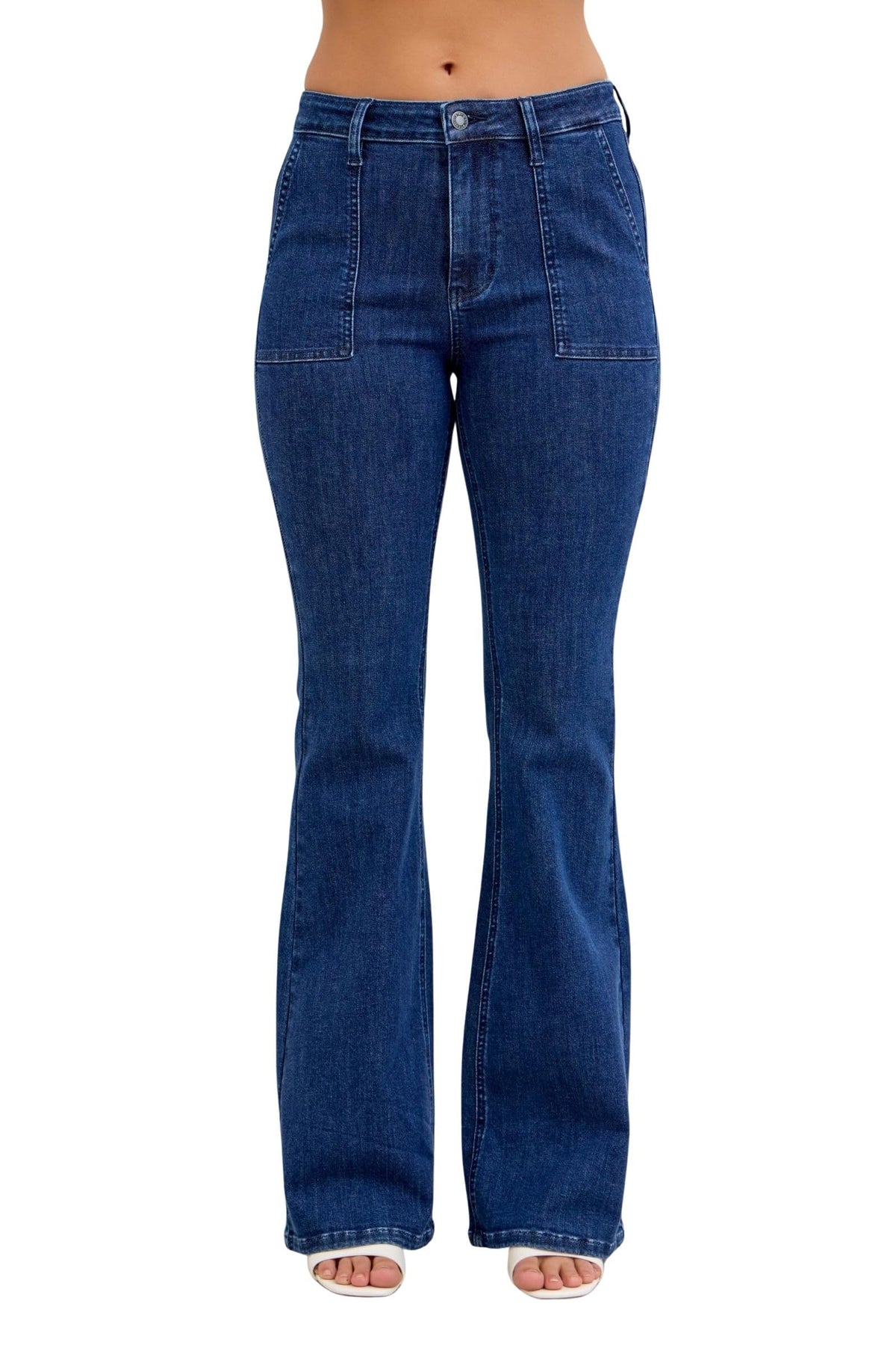 Judy Blue Women's High Rise Patch Pockets Flare Leg Jeans (Dark Blue, 9)