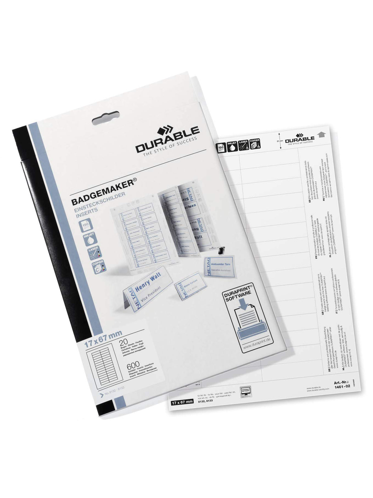 Durable 146102 Badgemaker, Printable Name Badge Insert Sheets, White,17 x 67 mm - 200 Inserts