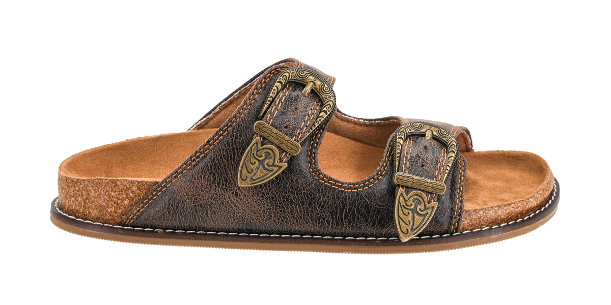 Corkys Footwear Womens Atta Girl Sandal – Featuring Two Straps with Western-Inspired Buckle Detailing, Slip-On, and a Cushioned Insole for All-Day Comfort - Espresso Crinkle, Size 8
