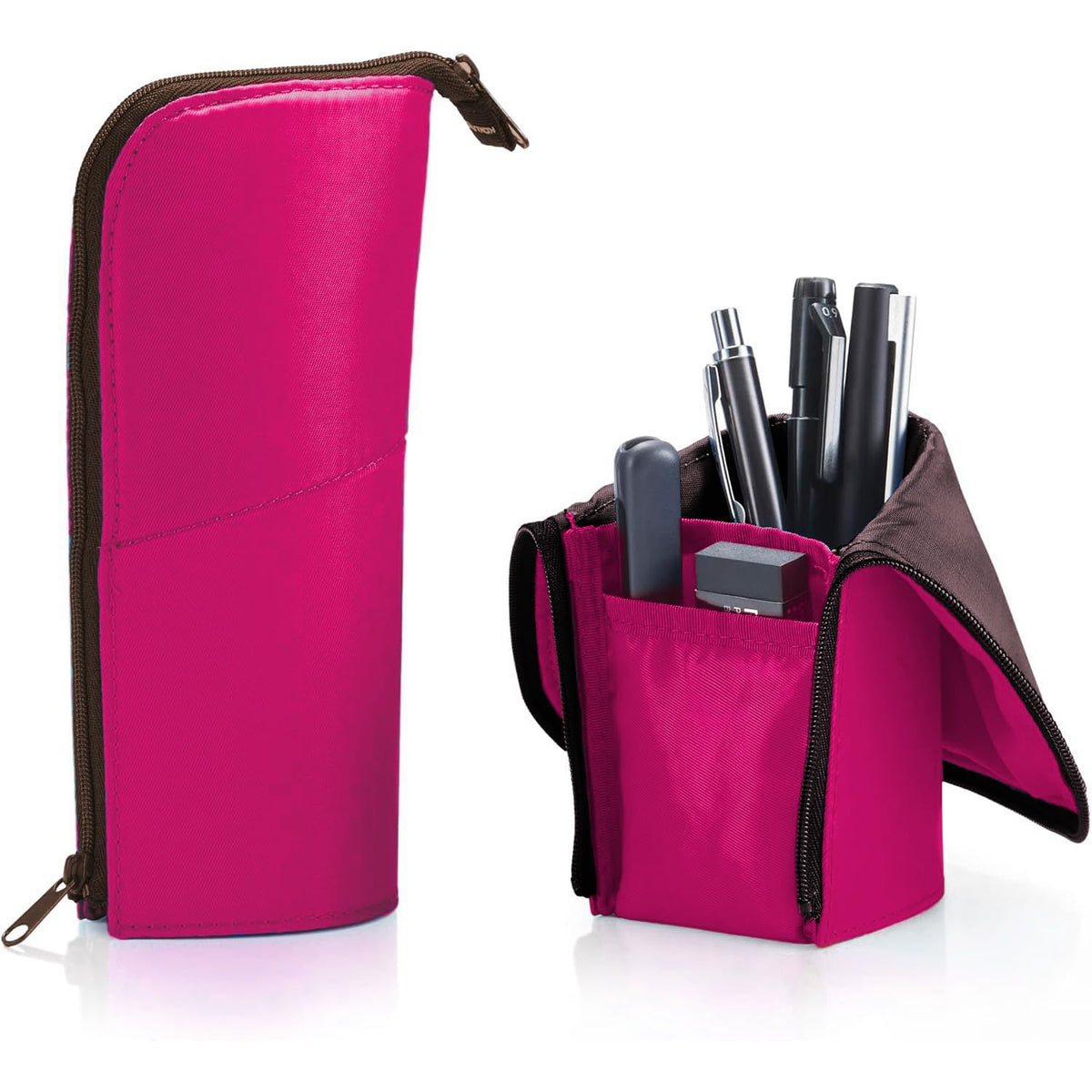 KOKUYO Pencil Case Pouch, Neo Critz Standing Pen Pouch Bag, Foldable Stand up Pencil Holder Organizer, Small Portable Pencil Box for School Office Supplies, Pink x Brown, Regular Size (F-VBF180-4)