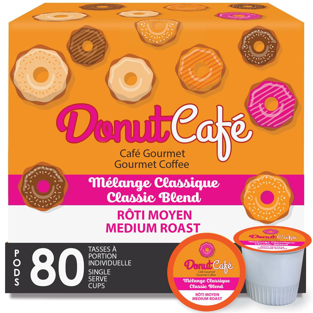 Donut Café - Coffee Gourmet Pods, Classic Blend, Medium Roast – Non-GMO, Gluten Free – Compatible with Keurig K Cup Brewers – Smooth & Delicious – 80 Count