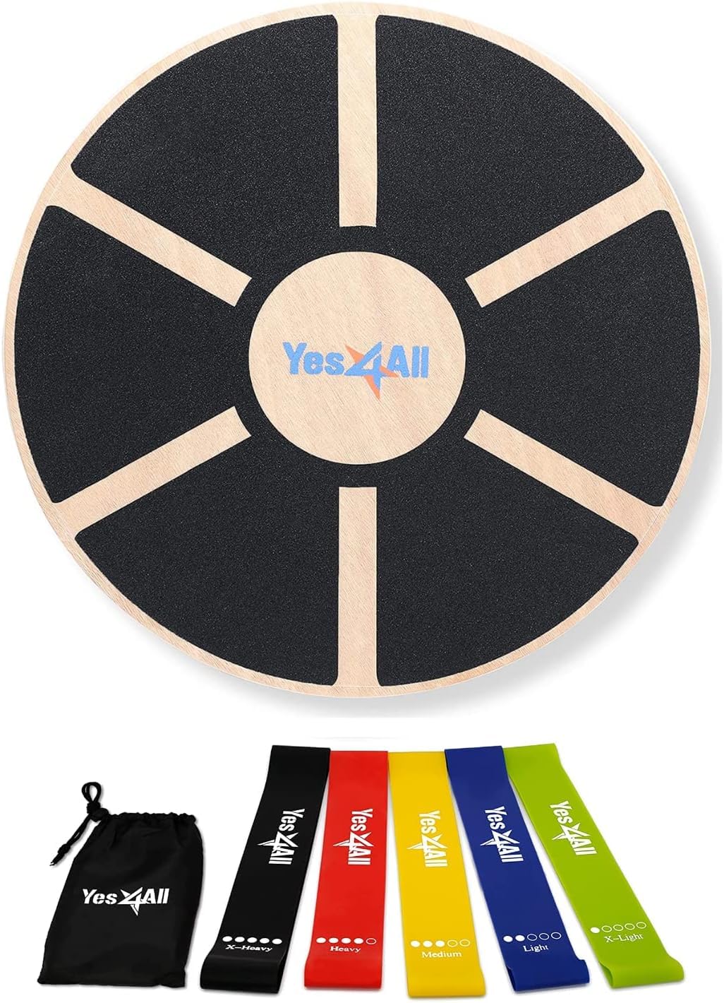 Yes4All Combo Wooden Wobble Balance Board & Loop Resistance Bands for Physical Therapy, Core Training, Home Gym Workout - Black
