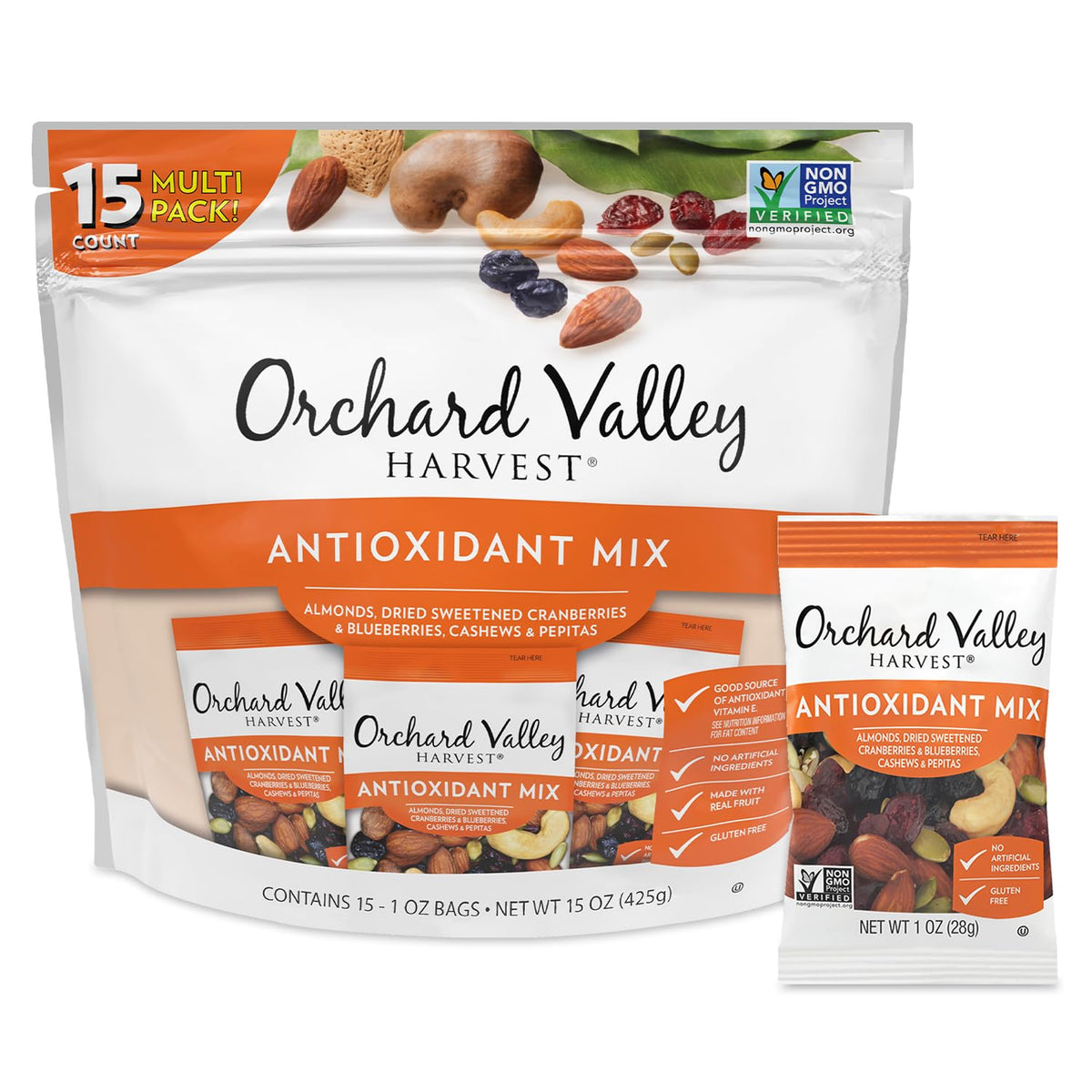 Orchard Valley Harvest Antioxidant Mix, 1 Ounce Bags (Pack of 15), Almonds, Cranberries, Blueberries, Cashews, and Pepitas, Non-GMO, No Artificial Ingredients, Healthy Snacks for Adults