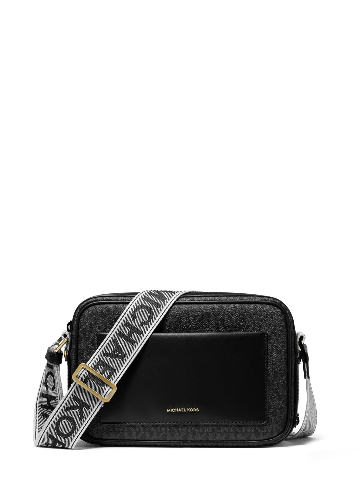 Michael Kors Maeve Large Pocket Crossbody Bag, Gold-Tone Hardware/MK Signature with Kors Logo Webbing/Black