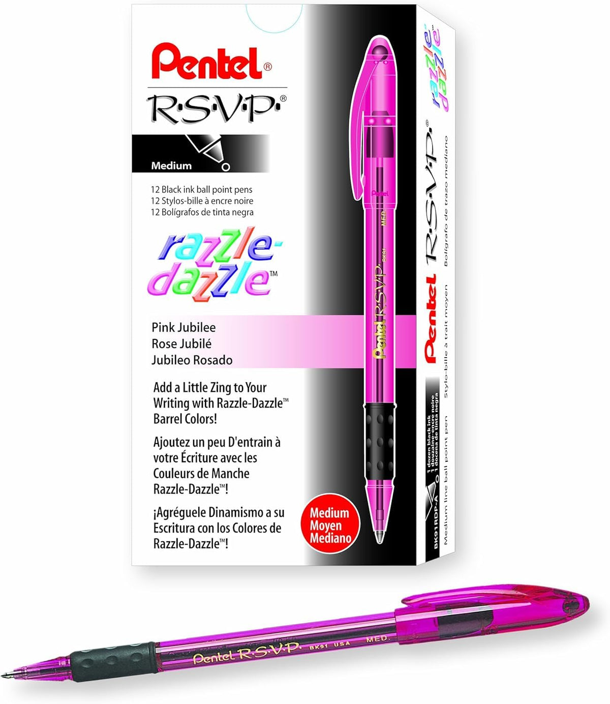 Pentel RSVP Razzle-Dazzle Ballpoint Pen, (1.0mm) Medium Line, Pink Barrel, Black Ink, Box of 12 (BK91RDP-A)