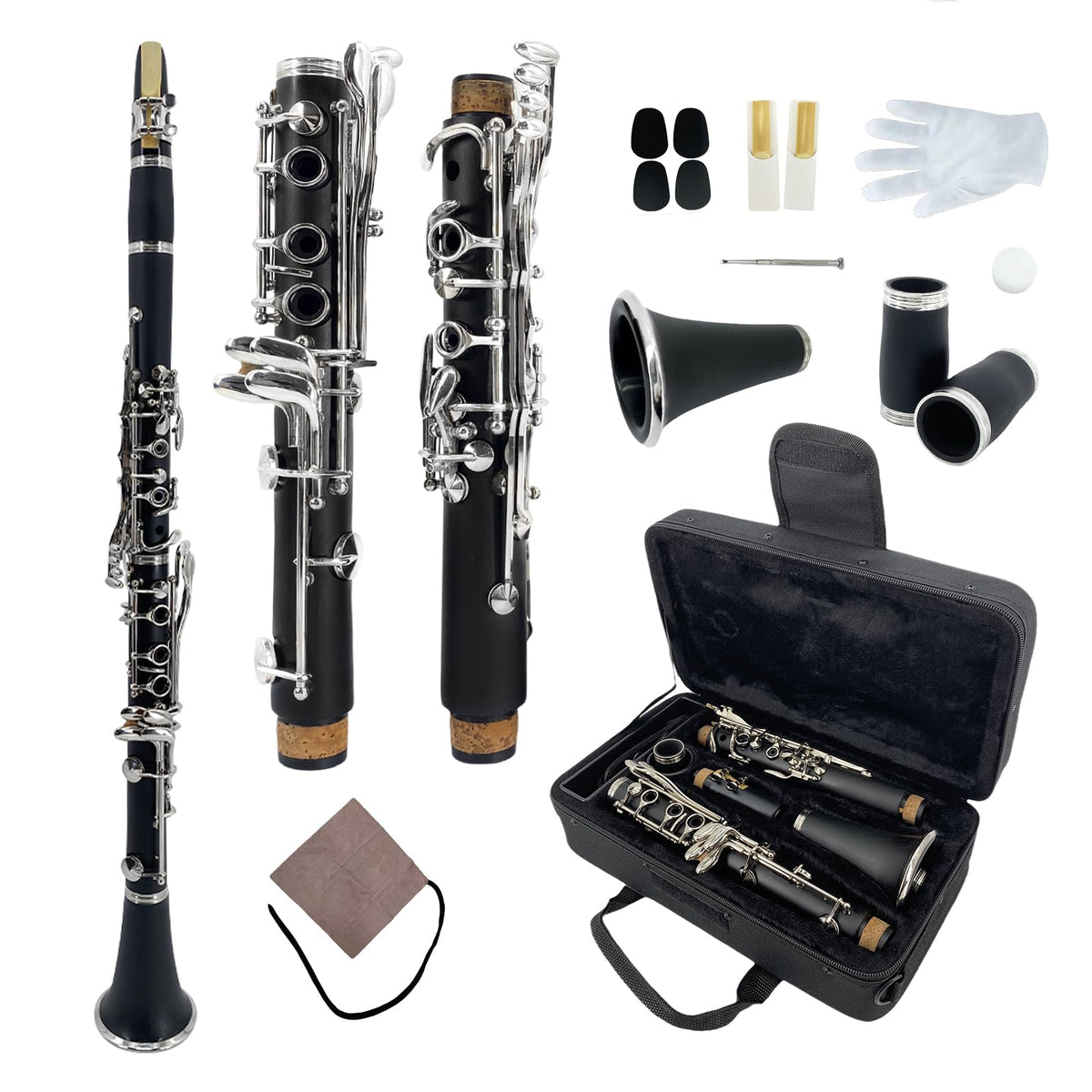 YoungMonic Professional Ebonite A Clarinet with Nickel-Plated Keys Rich Black Finish for Intermediate & Advanced Players Includes Padded Carry Bag, Reeds, Cork Grease & Clarinet Cleaning Kits(m1)