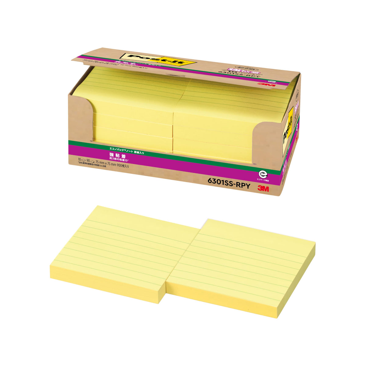 Post-it 6301SS-RPY Sticky Notes, Strong Adhesive, Ruled Notebook, Yellow, 3.0 x 3.0 inches (75 x 75 mm), 90 Sheets x 10 Packs