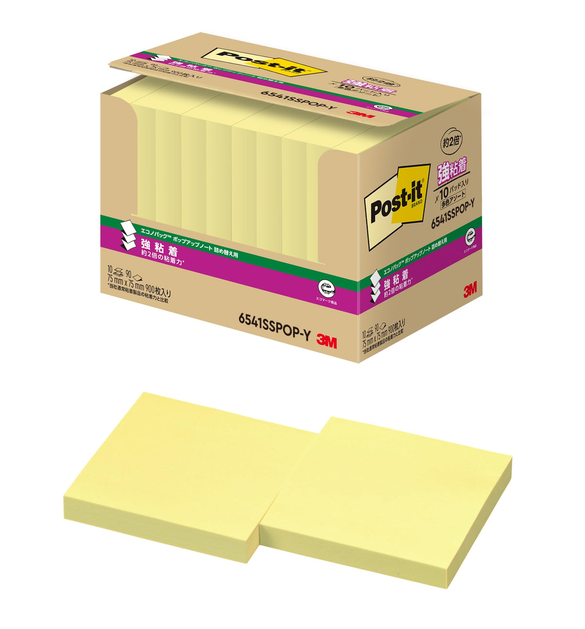Post-it 6541SSPOP-Y Strong Adhesive Sticky Notes, Pop-Up Notebook, Refill, Yellow, 3.0 x 3.0 inches (75 x 75 mm), 90 Sheets x 10 Pads