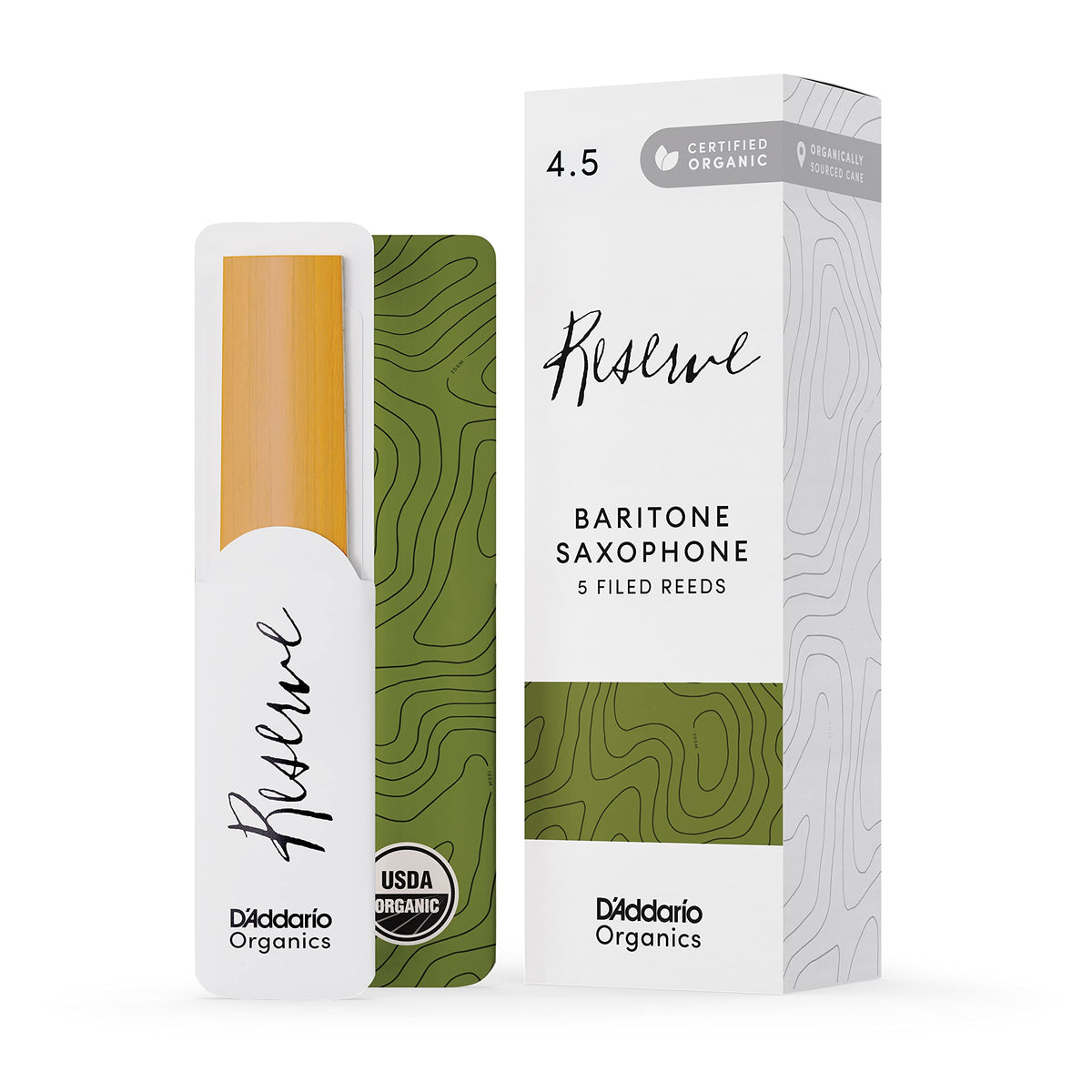D'Addario Organic Reserve Baritone Saxophone Reeds - Sax Reeds - Individually Sealed - 4.5 Strength, 5 Pack