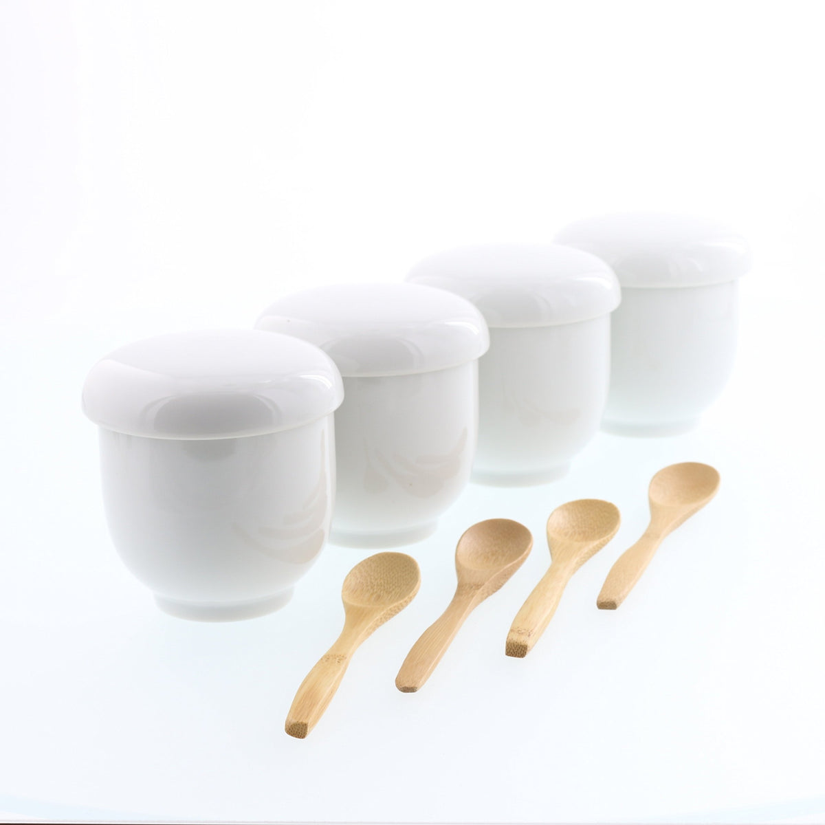 Tableware East Pick Your Color CHAWAN-MUSHI 8.4 oz CUP -set of 4- & Bamboo Spoon -Set of 4- Made in Japan (White)
