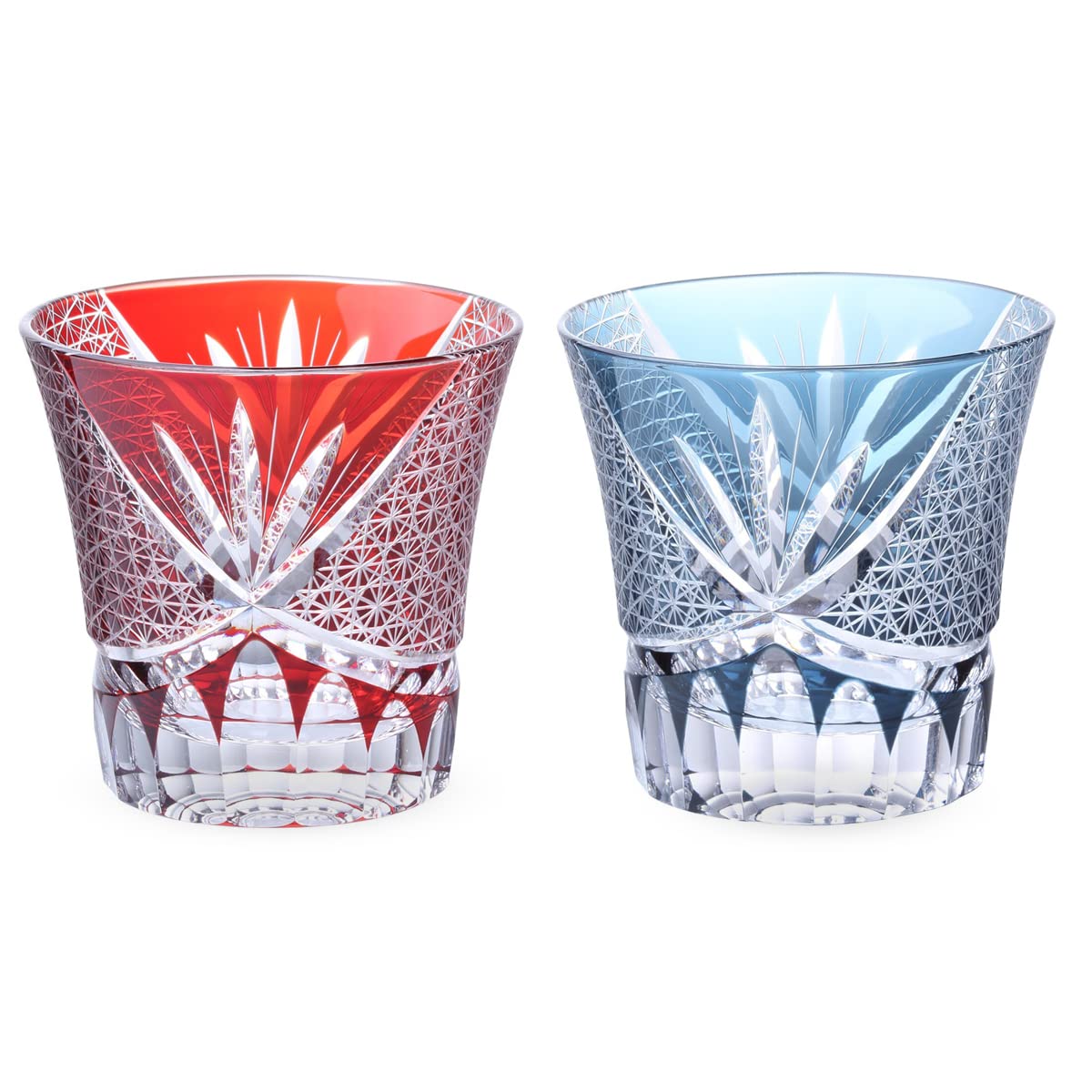 J-kitchens Retro Kiriko Pair Glass Cup Φ3.5 x H3.3 inches (90 x 85 mm), 8.5 fl oz (240 cc), Orchid Carving Small Pattern, Red & Ink Blue, Hanachou Current Model