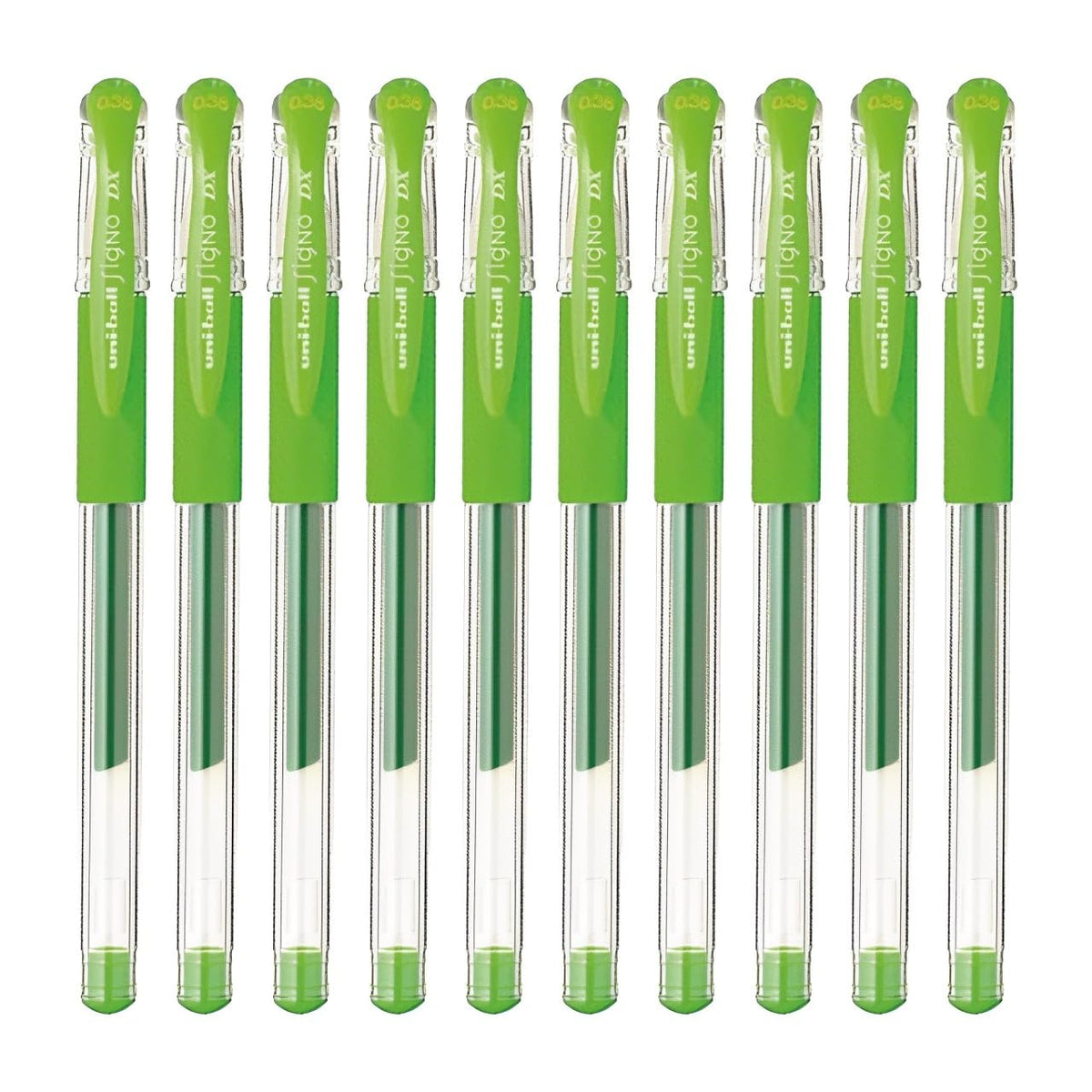 Uni-Ball Signo Snap Cap Gel Ink Ballpoint Pen, 0.38mm Extra Fine Point, Lime Green Ink, Y.UM151A.5, Pack of 10