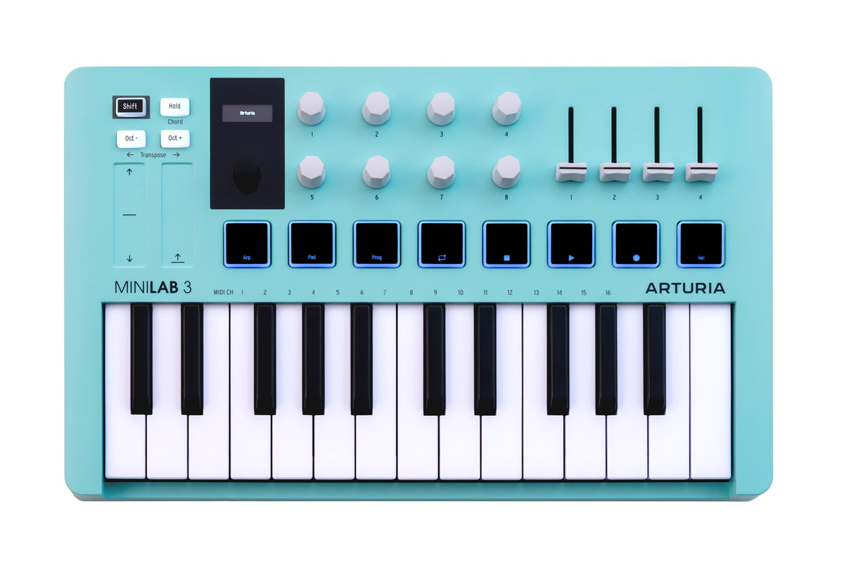 Arturia MiniLab 3-25 Key USB MIDI Keyboard Controller With 8 Multi-Color Drum Pads, 8 Knobs and Music Production Software Included, Aquamarine