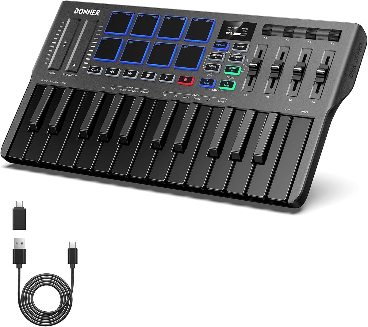 USB MIDI Keyboard Controller, 25 Key Portable MIDI with 8 Backlit Drum, OLED Screen Display for PC/MAC, Music Production Software Included, Donner DMK25 Pros with 40 Free Courses, Black