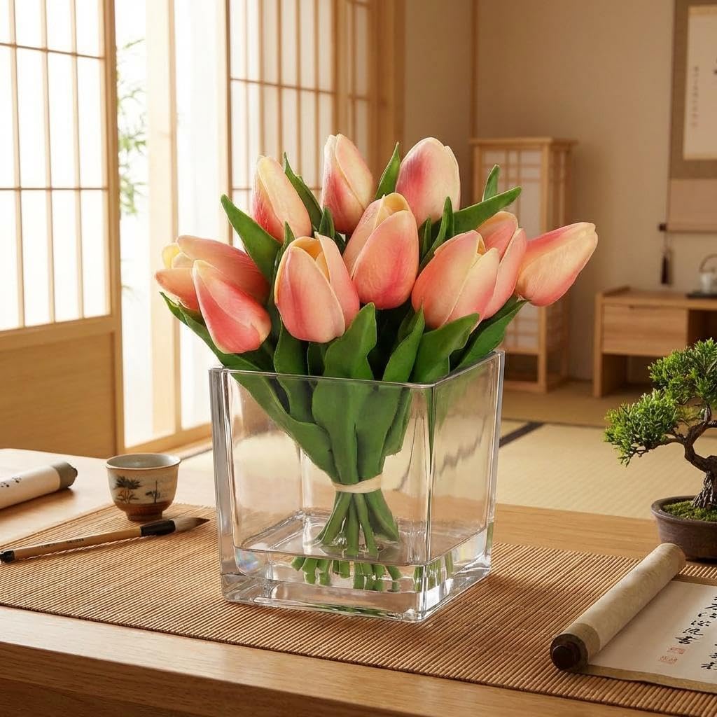 Artificial Tulip Flower Bouquet with Artificial Water Glass Vase PU & Silk Material 9.1 x 9.4 inches (23 x 24 cm), Perfect for Living Room, Entryway, Office, Orange