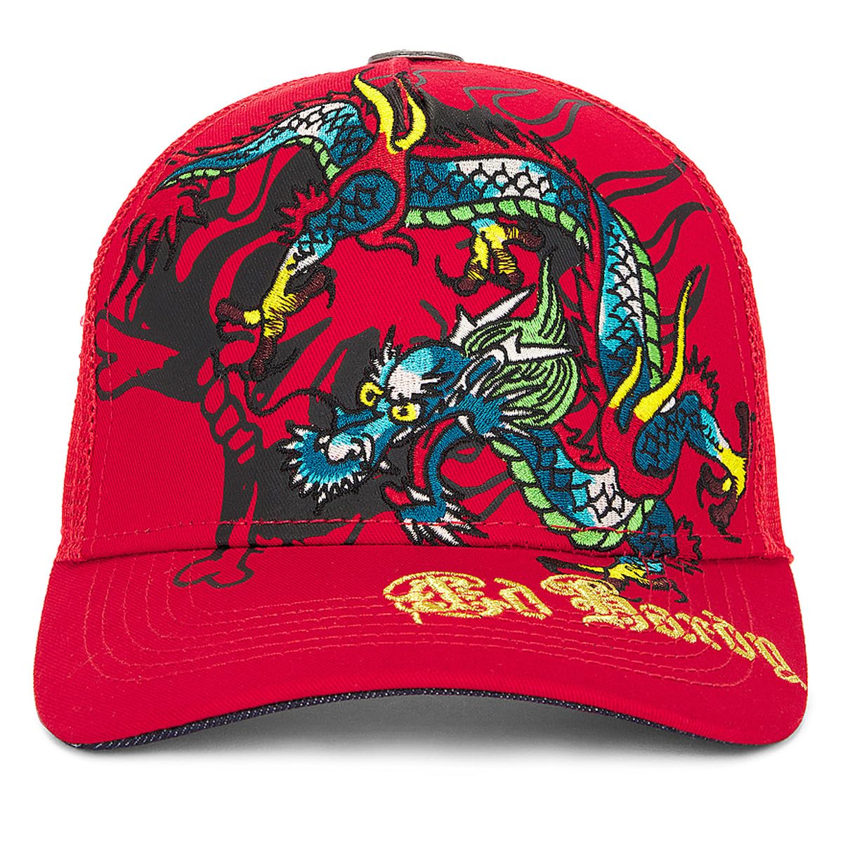 ED HARDY Print Graphic Adjustable Mesh Trucker Snapback Hat (US, Alpha, One Size, Embroidered Dragon Red)