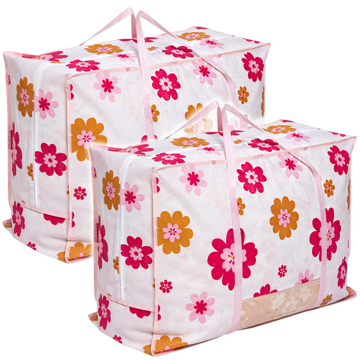 Astro 618-93 Storage Case for Feather Duvets, Single and Double Size, White, Floral Pattern, Flower Print, Non-woven Fabric, Storage Bag, Soft Case, Foldable, Handle and Transparent Window Included
