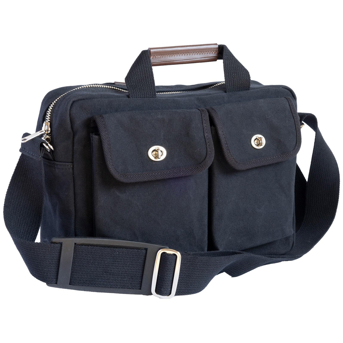 2 Pocket Cotton Canvas Leather Shoulder Bag with Handle Moss Green For All Purpose Use (Black)