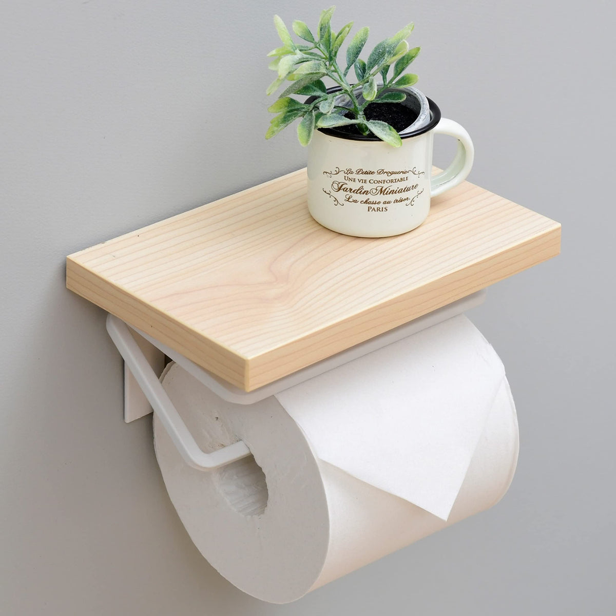 Yamazen RPH-S (WN/MWH) Toilet Paper Holder with Shelf (Smartphone Stand/Interior), Single, Stain Resistant Top, Easy Installation, Width 6.9 x Depth 4.3 x Height 3.5 inches (17.5 x 11 x 9 cm), Wood Natural, Matte White