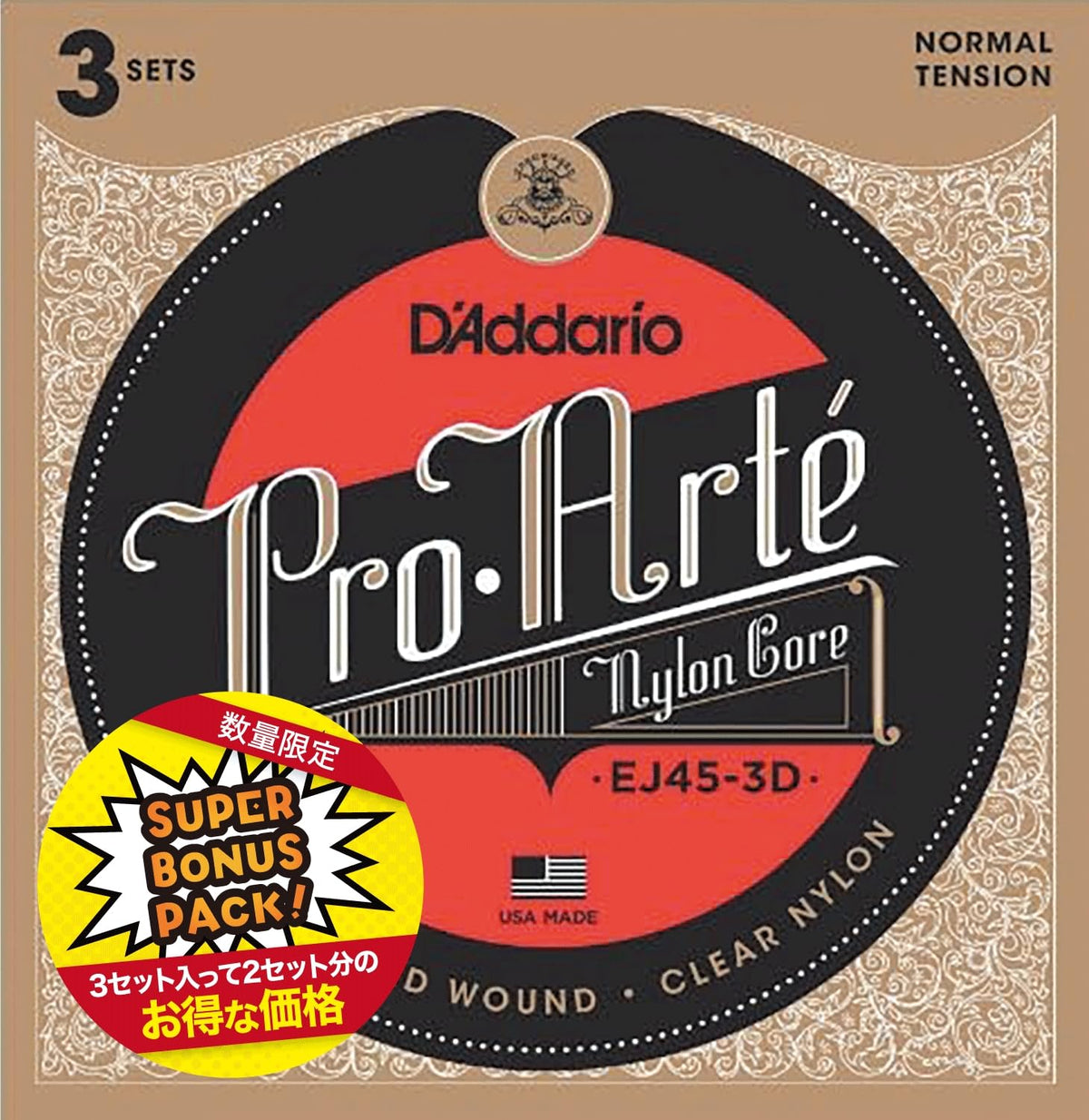 D'Addario EJ45-3DBP Classic Guitar Strings Set, Super Bonus Pack, Silver/Clear Normal