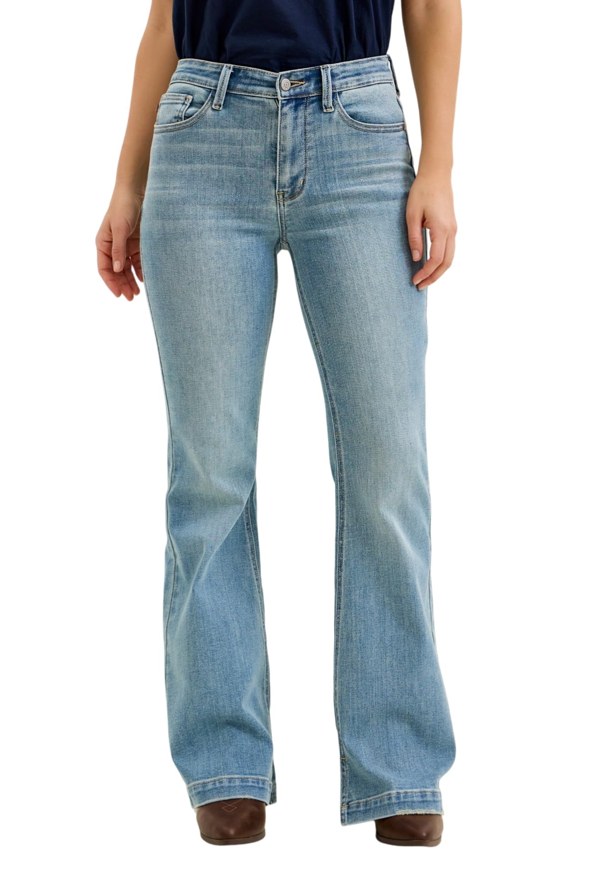Judy Blue Womens Jeans - Mid Rise Flare (Multiple Inseam Options) (15-Short, Medium Blue)