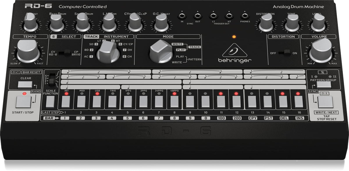 Behringer Rhythm Designer RD-6-BK Analog Black Drum Machine With 8 Drum Sounds, 64-Step Sequencer and Distortion Effects