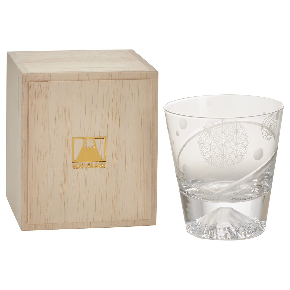 Tajima Glass, Edo Glass, Mt. Fuji Rock Glass in Wooden Box (Chrysanthemum Connected Light)