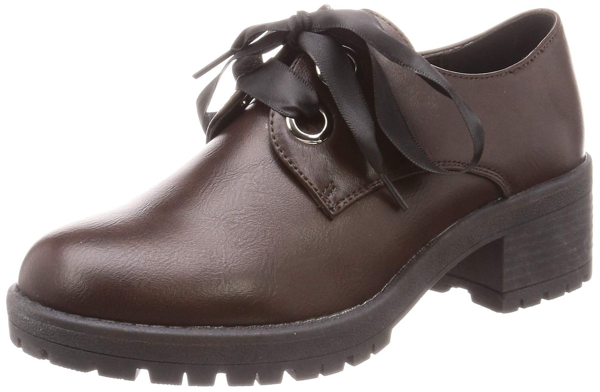 AAA+Feminine(サンエープラスフェミニン) Women's Lace-up Oxford Shoes Thick 5cm Heel Tank Sole Ribbon, Dark Brown, 24.5~25.0 cm 2E