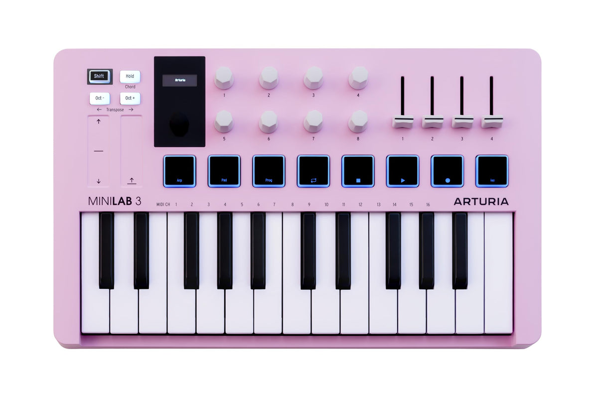 Arturia MiniLab 3-25 Key USB MIDI Keyboard Controller With 8 Multi-Color Drum Pads, 8 Knobs and Music Production Software Included, Rose Quartz