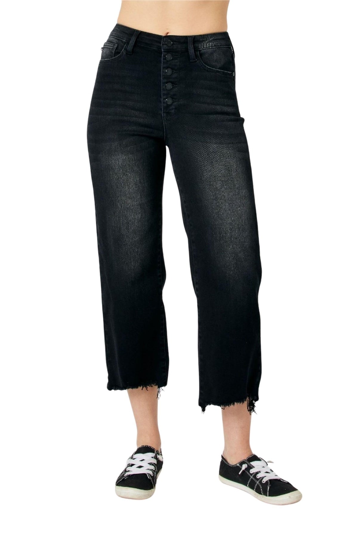 Judy Blue High Waist Distressed Raw Hem Wide Leg Crop Jeans (Black, 15)
