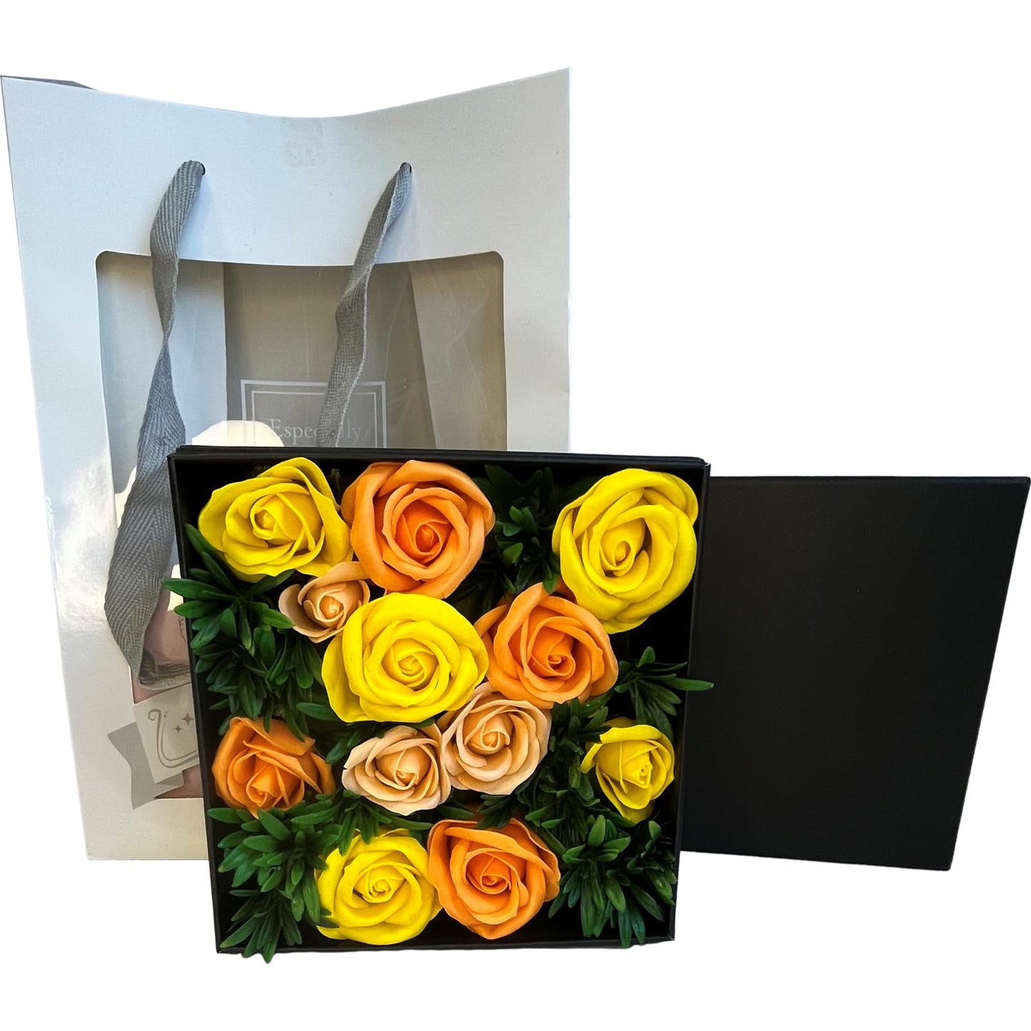 Q-FLA 840609 Soap Flower, Artificial Black Box Arrangement, Yellow Arrangement, Celebration, Thank You, Birthday