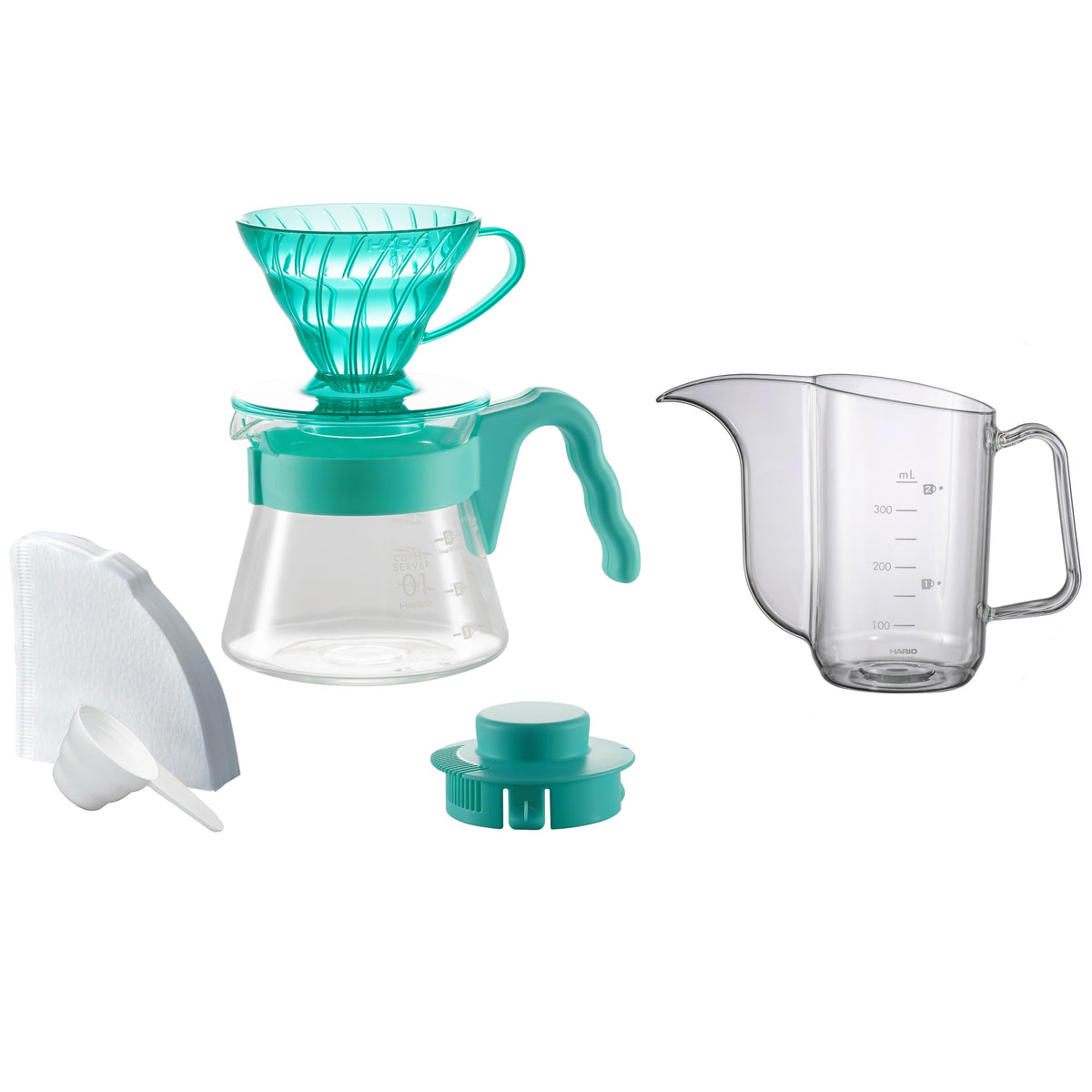 HARIO V60 Color Brew With Kettle, 1-2 Cup Hand Drip Set, Heat Resistant Glass Server, Measuring Spoon, 40 Sheets Paper, Recipe Book with Kettle, Mint Breeze VCSDA-01-20CP-MB
