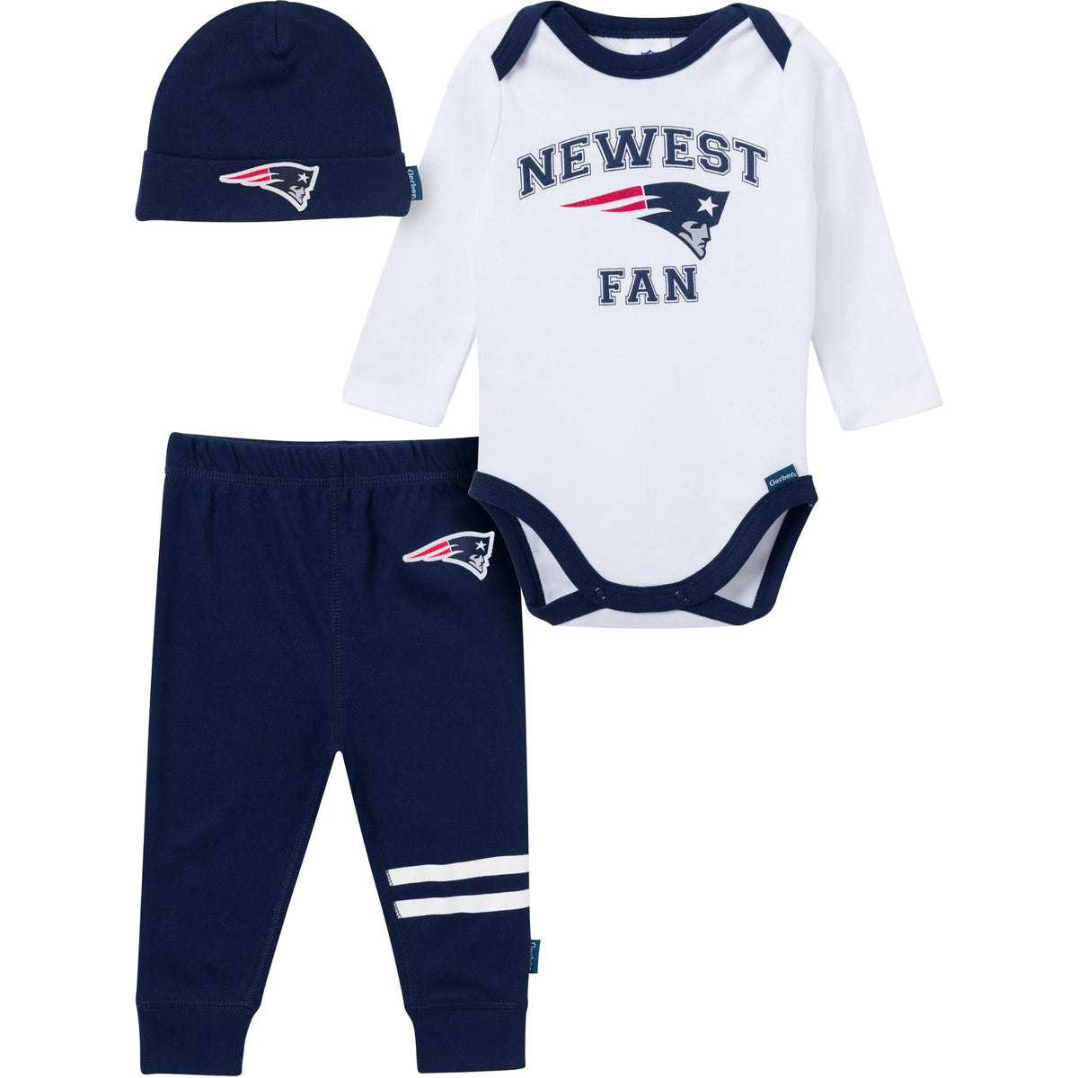 Gerber NFL Team Baby Boys' 3-Piece Onesie Bodysuit, Active Pant and Cap Set, Patriots, 6-9 Months