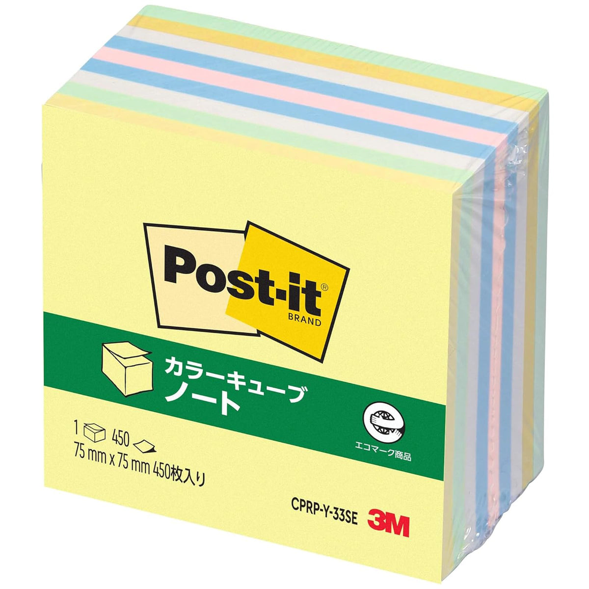 Post-it Sticky Notes Cubes, Pastel Colors, 3.0 x 3.0 inches (75 x 75 mm), 450 Sheets x 1 Pad CPRP-Y-33SE