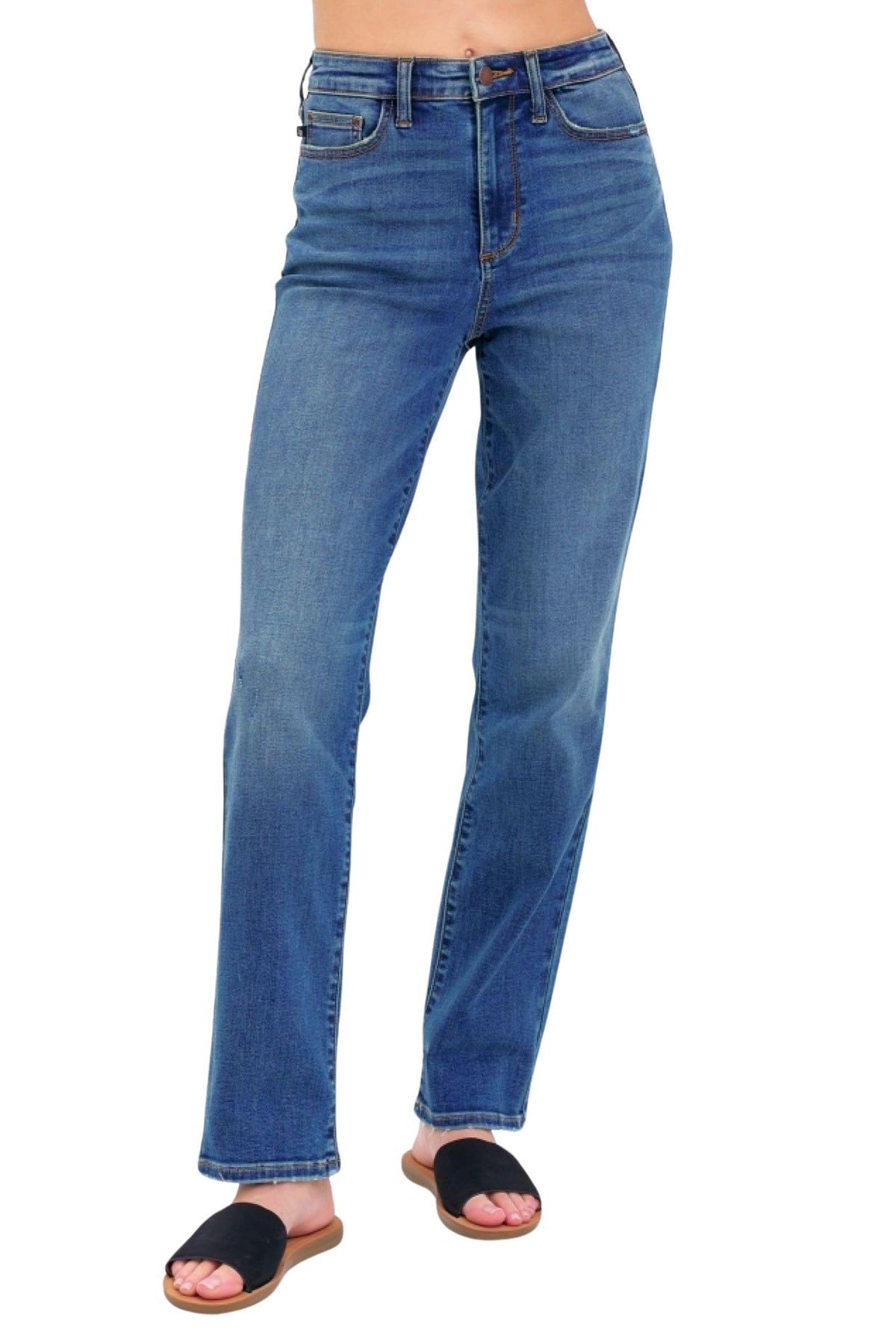 Judy Blue Women's High Rise Mom Jeans, Straight Fit Denim Pants (Dark Blue, 5)