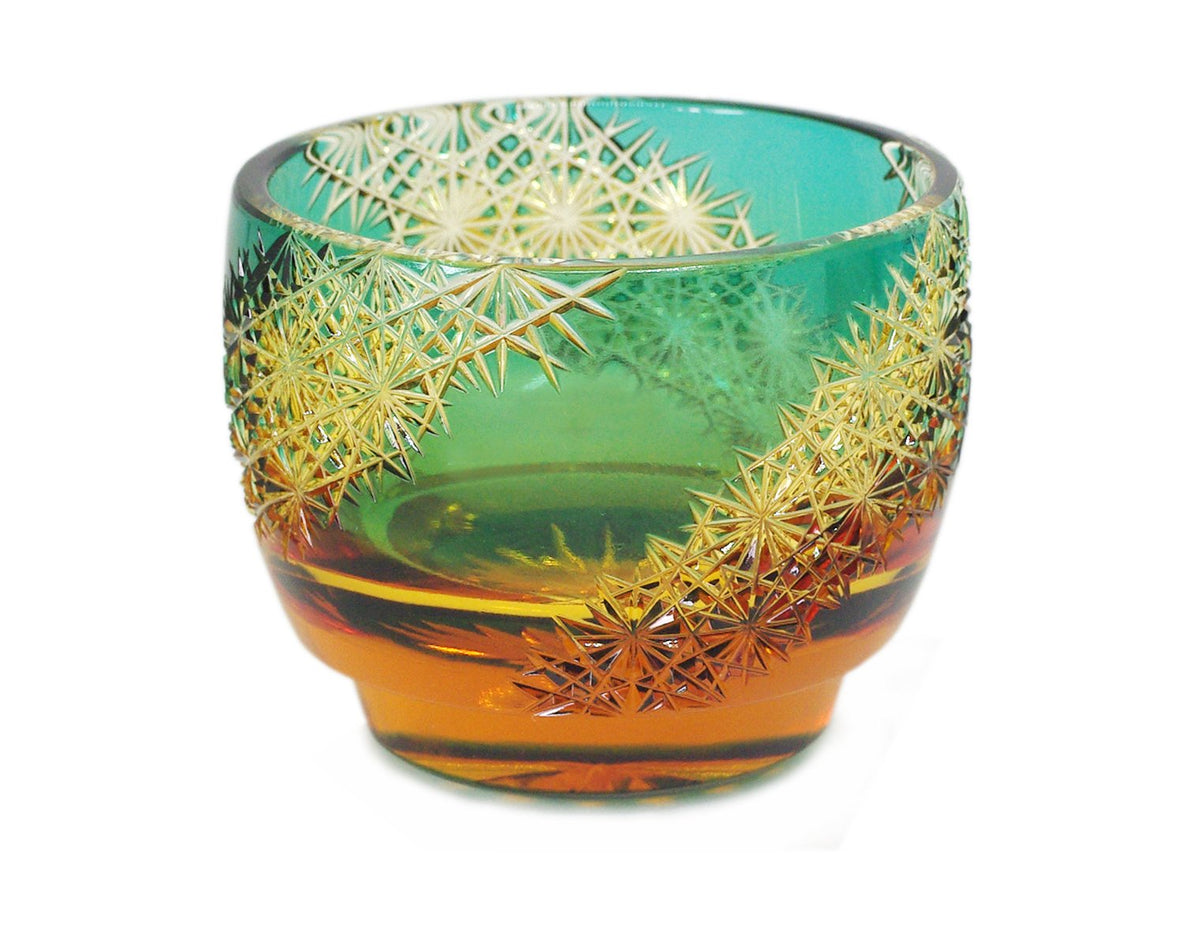 Ohba Glass Cut Glass 江戸切子 Edo Kiriko, Japanese Traditional Craft in Gift Box 光る宙 Milky Way (Green/Amber)