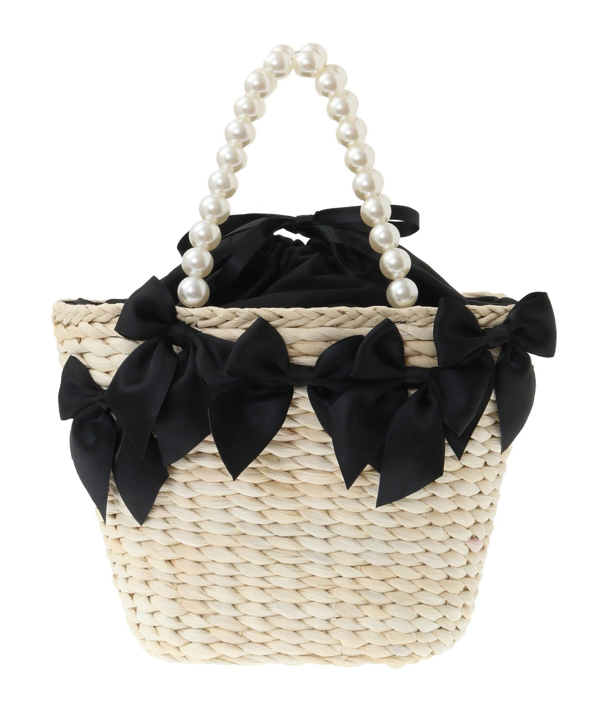 Maison de Fleur Women's Handbag, Pearl Handle Maze Ribbon Basket Bag, Black, Black, F