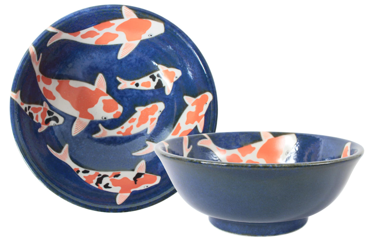 Mino ware Japanese Pottery Pair Ramen Noodle Donburi Bowl Japanese Carp Koi Fish (set of two) made in Japan AKD203
