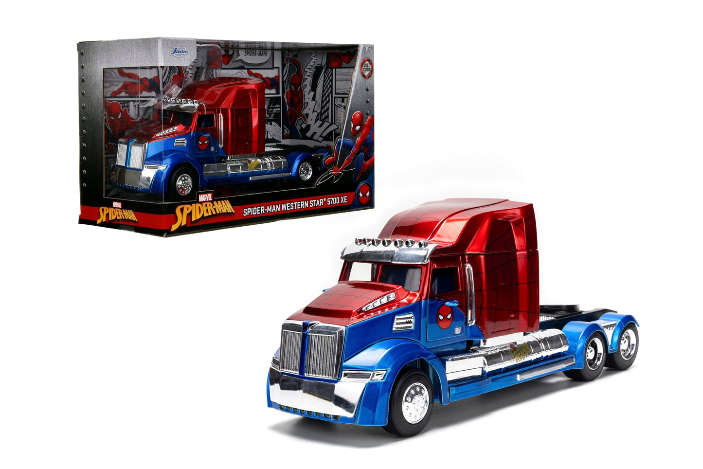 Jada Spider-Man Western Star 5700 XE Big Rig - Die-Cast Vehicle - 1:24 Scale, Opening Doors, Chrome Finishes, Rubber Tires - Hollywood Rides Marvel Series - Ages 8+ - Red/Blue