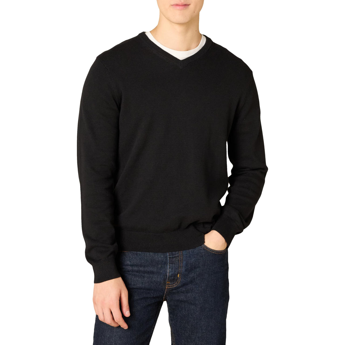 Amazon Essentials Men's Regular Fit Cotton V-Neck Pullover Sweater (Available in Big & Tall), Black, Large