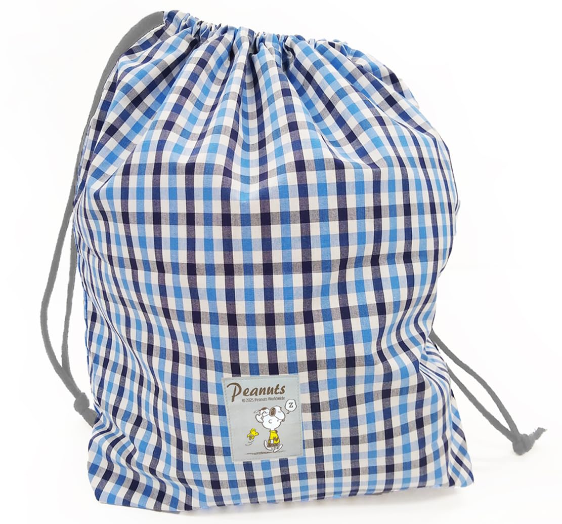 SNOOPY Cute Drawstring Bag, Double Layer, Weakly Water Repellent, Made in Japan, Length 14.4 x Width 13.8 x Gusset, For Travel, Gym, Yoga, Spa, Spa, Dresses, Gymnastics Clothes, Shoe Holder, Gingham